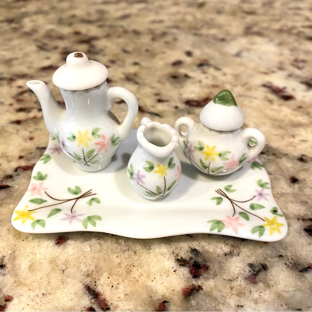 Vintage Miniature Tea Set Porcelain Painted Flowers Fairy Garden Decor